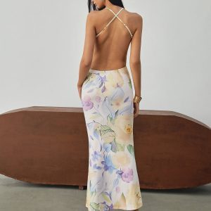 Multi Floral Print Backless Maxi Dress - Y2K Aesthetic Boho Style for Effortless Elegance