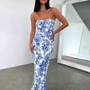 Multi Floral Y2K Aesthetic Split Long Dress for Boho and Coquette Style Lovers