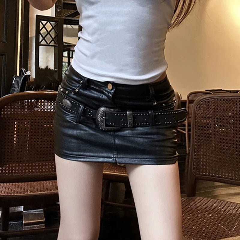 Myana Y2K Leather Mini Skirt - Edgy Grunge Style for Aesthetic Outfits