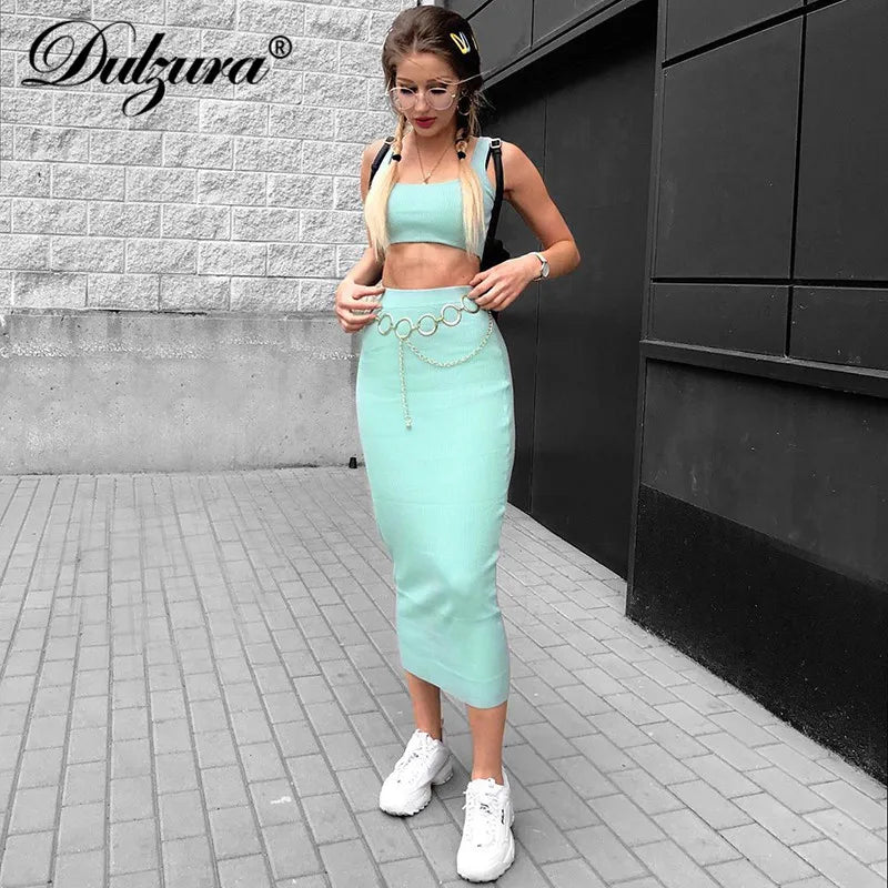 Neon Ribbed Knitted Y2K Two-Piece Co-Ord Set: Crop Top & Midi Skirt for Summer Festivals 2024