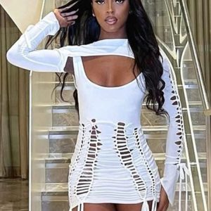 Neon Y2K Hollow Out Ruched Bodycon Mini Dress Set - Long Sleeve Backless Clubwear 2024