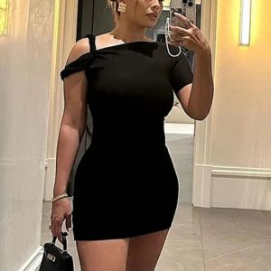 Off Shoulder Bodycon Dress for Women - Slim Fit High Waist Solid Summer Party Dress