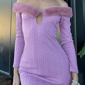 Off-Shoulder Fur Collar Cutout Pack Hip Dress - Y2K Fashion Statement for Chic Aesthetics