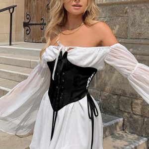 Off Shoulder Lace-up Corset Ruched Dress - Y2K Aesthetic Fashion for Trendy Outfits