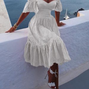 Off-Shoulder Ruffle Dress with Hollow Out Details - Y2K Fashion Statement Piece