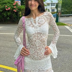 Off-Shoulder Ruffle Lace Mini Dress for Women - See-Through Bandage Beach Holiday Dress