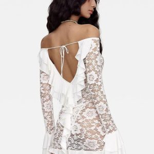 Off-Shoulder Ruffle Lace Mini Dress for Women - See-Through Bandage Beach Holiday Dress