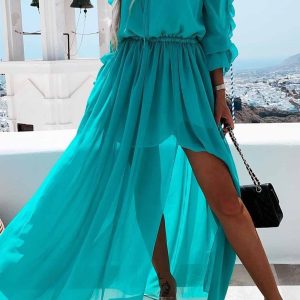 Off-Shoulder Ruffle Midi Dress with Slit - Y2K Fashion for Chic Aesthetic Outfits