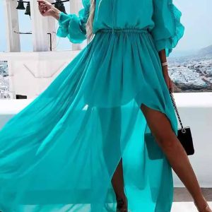 Off-Shoulder Ruffle Midi Dress with Slit - Y2K Fashion for Chic Aesthetic Outfits