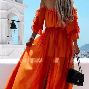 Off-Shoulder Ruffle Midi Dress with Slit - Y2K Fashion for Chic Aesthetic Outfits