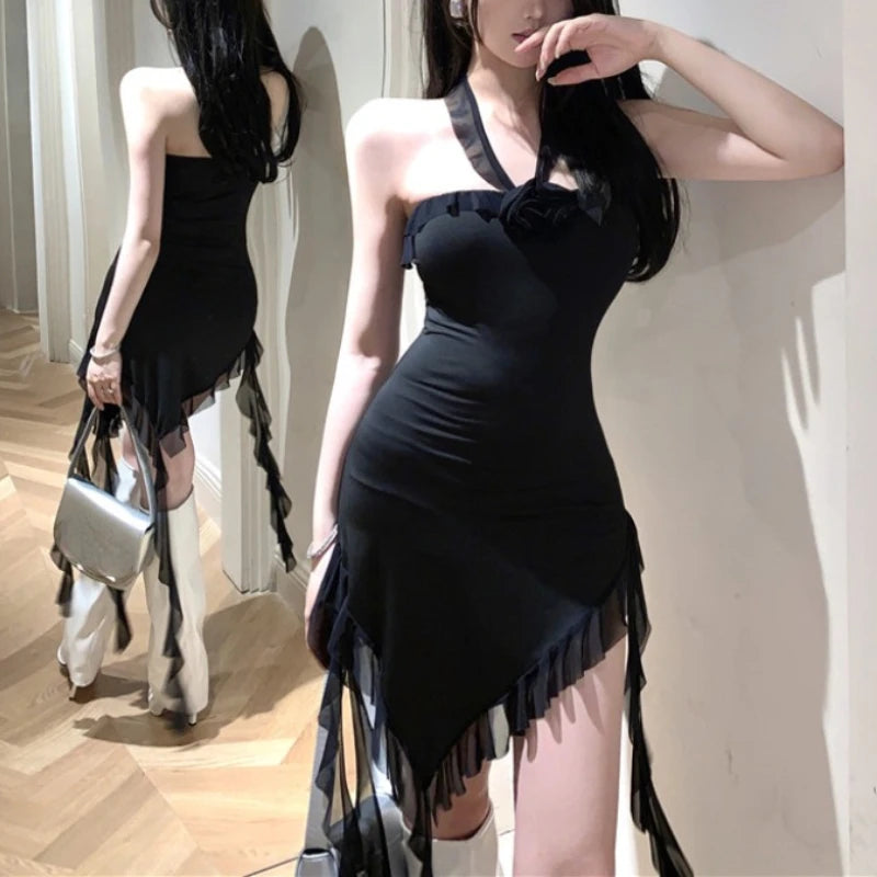 Off-Shoulder Ruffled Irregular Halter Dress - Y2K Aesthetic Solid Color Casual Party Wear