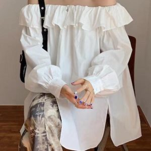 Off-Shoulder Ruffled Long Sleeve Top with Slit - Y2K Fashion Aesthetic Shirt