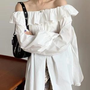 Off-Shoulder Ruffled Long Sleeve Top with Slit - Y2K Fashion Aesthetic Shirt