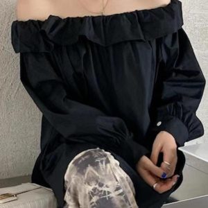 Off-Shoulder Ruffled Long Sleeve Top with Slit - Y2K Fashion Aesthetic Shirt