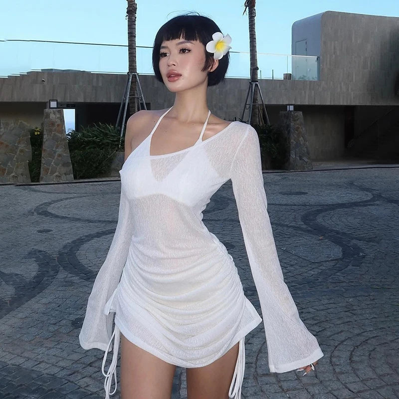 Off-Shoulder Sexy See-Through Drawstring Mini Bodycon Dress for Hot Girl Club Party Vibes