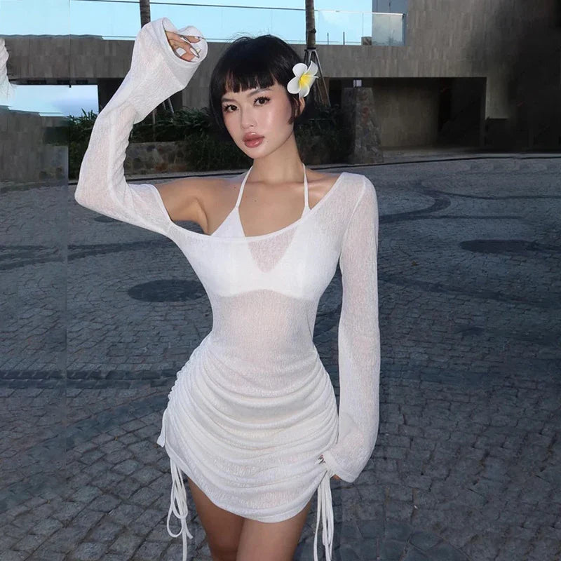 Off-Shoulder Sexy See-Through Drawstring Mini Bodycon Dress for Hot Girl Club Party Vibes