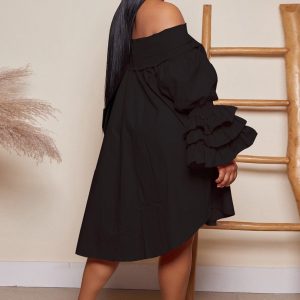 Off-Shoulder Tiered Puff Sleeve Dress - Y2K Aesthetic Loose Fit for Effortless Style