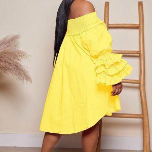 Off-Shoulder Tiered Puff Sleeve Dress - Y2K Aesthetic Loose Fit for Effortless Style