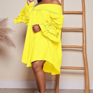 Off-Shoulder Tiered Puff Sleeve Dress - Y2K Aesthetic Loose Fit for Effortless Style