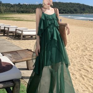 Off-the-Shoulder Chiffon Dress - Y2K Aesthetic Beachwear with Stylish Vest