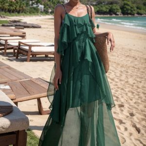 Off-the-Shoulder Chiffon Dress - Y2K Aesthetic Beachwear with Stylish Vest