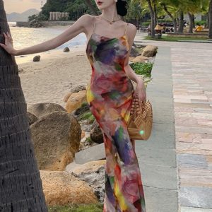 Oil Painting Y2K Aesthetic Summer Retro Beach Vest Dress for Stylish Outings