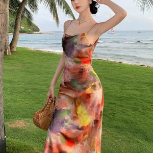 Oil Painting Y2K Aesthetic Summer Retro Beach Vest Dress for Stylish Outings