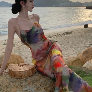 Oil Painting Y2K Aesthetic Summer Retro Beach Vest Dress for Stylish Outings