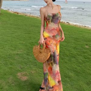 Oil Painting Y2K Aesthetic Summer Retro Beach Vest Dress for Stylish Outings