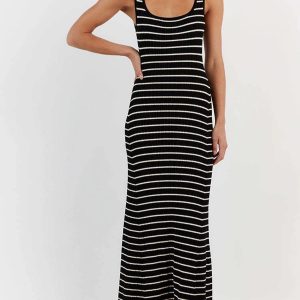 Old Money Aesthetic Striped Knit Dress - Elegant Y2K Fashion for Timeless Style