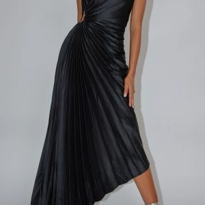 One Shoulder Asymmetrical Pleated Cutout Dress - Y2K Fashion Statement Piece