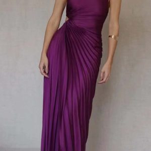 One Shoulder Asymmetrical Pleated Cutout Dress - Y2K Fashion Statement Piece