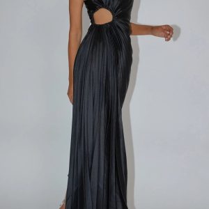 One Shoulder Asymmetrical Pleated Cutout Dress - Y2K Fashion Statement Piece