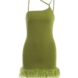 One Shoulder Irregular Fuzzy Hem Mini Dress - Y2K Aesthetic Cute Party Outfit