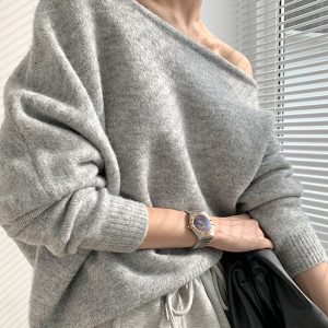 One-Shoulder Loose Knit Sweater: Y2K Aesthetic Long-Sleeve Top for Cozy Style