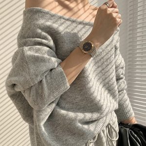 One-Shoulder Loose Knit Sweater: Y2K Aesthetic Long-Sleeve Top for Cozy Style