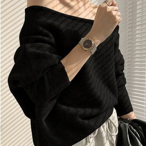 One-Shoulder Loose Knit Sweater: Y2K Aesthetic Long-Sleeve Top for Cozy Style