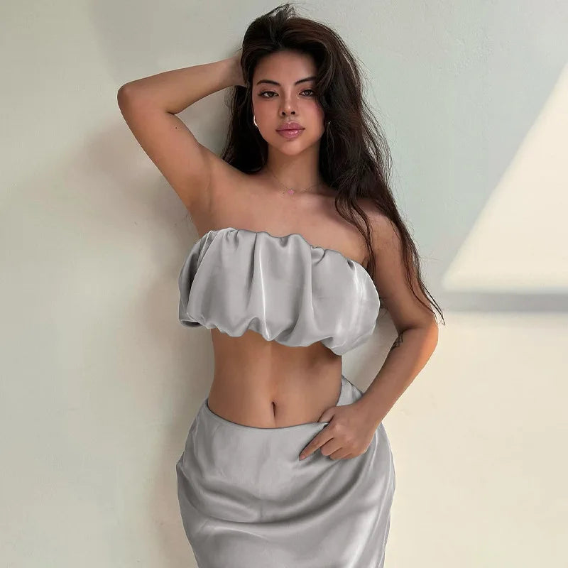 One-Shoulder Satin Crop Top & Slim Skirt Set - Y2K Aesthetic Party Outfit for Women