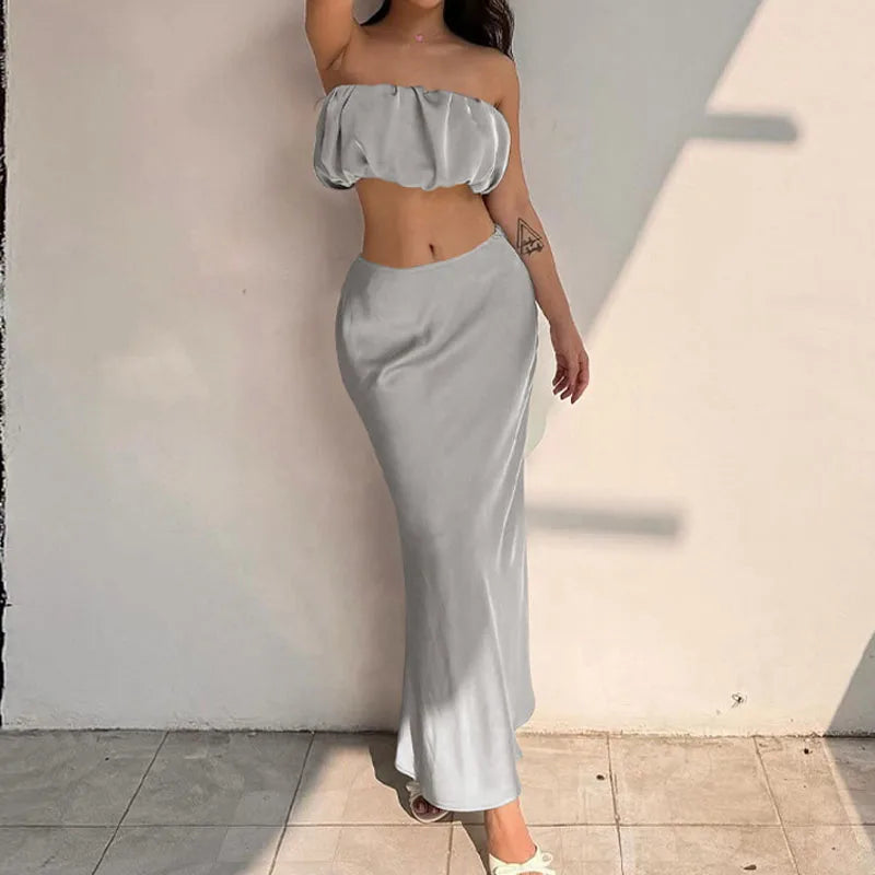 One-Shoulder Satin Crop Top & Slim Skirt Set - Y2K Aesthetic Party Outfit for Women