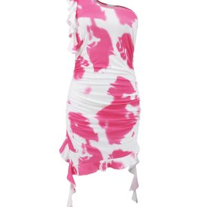 One Shoulder Tie-Dye Ruffle Mini Dress for Y2K Aesthetic and Coquette Style