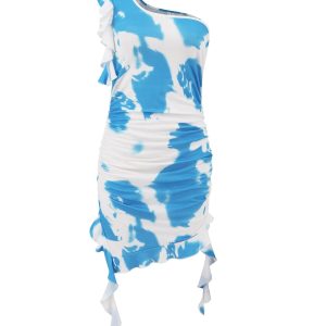 One Shoulder Tie-Dye Ruffle Mini Dress for Y2K Aesthetic and Coquette Style