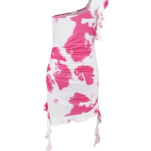 One Shoulder Tie-Dye Ruffle Mini Dress for Y2K Aesthetic and Coquette Style