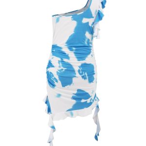 One Shoulder Tie-Dye Ruffle Mini Dress for Y2K Aesthetic and Coquette Style