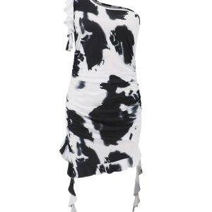 One Shoulder Tie-Dye Ruffle Mini Dress for Y2K Aesthetic and Coquette Style