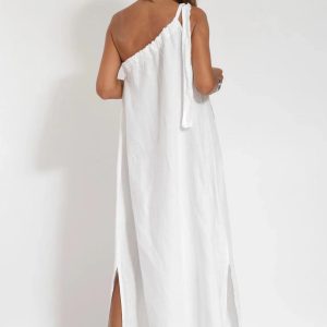 One Shoulder Tie-Strap Slit Cotton Maxi Dress - Y2K Aesthetic Summer Fashion Essential