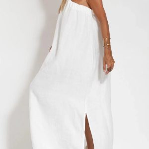 One Shoulder Tie-Strap Slit Cotton Maxi Dress - Y2K Aesthetic Summer Fashion Essential