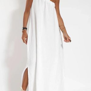 One Shoulder Tie-Strap Slit Cotton Maxi Dress - Y2K Aesthetic Summer Fashion Essential