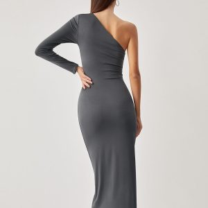 One Sleeve Ruched Long Dress - Y2K Aesthetic Elegant Maxi Dress for Chic Coquette Style