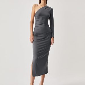 One Sleeve Ruched Long Dress - Y2K Aesthetic Elegant Maxi Dress for Chic Coquette Style