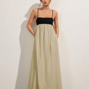 Open Back Contrast Pocket Maxi Dress - Y2K Aesthetic Fashion for Effortless Style